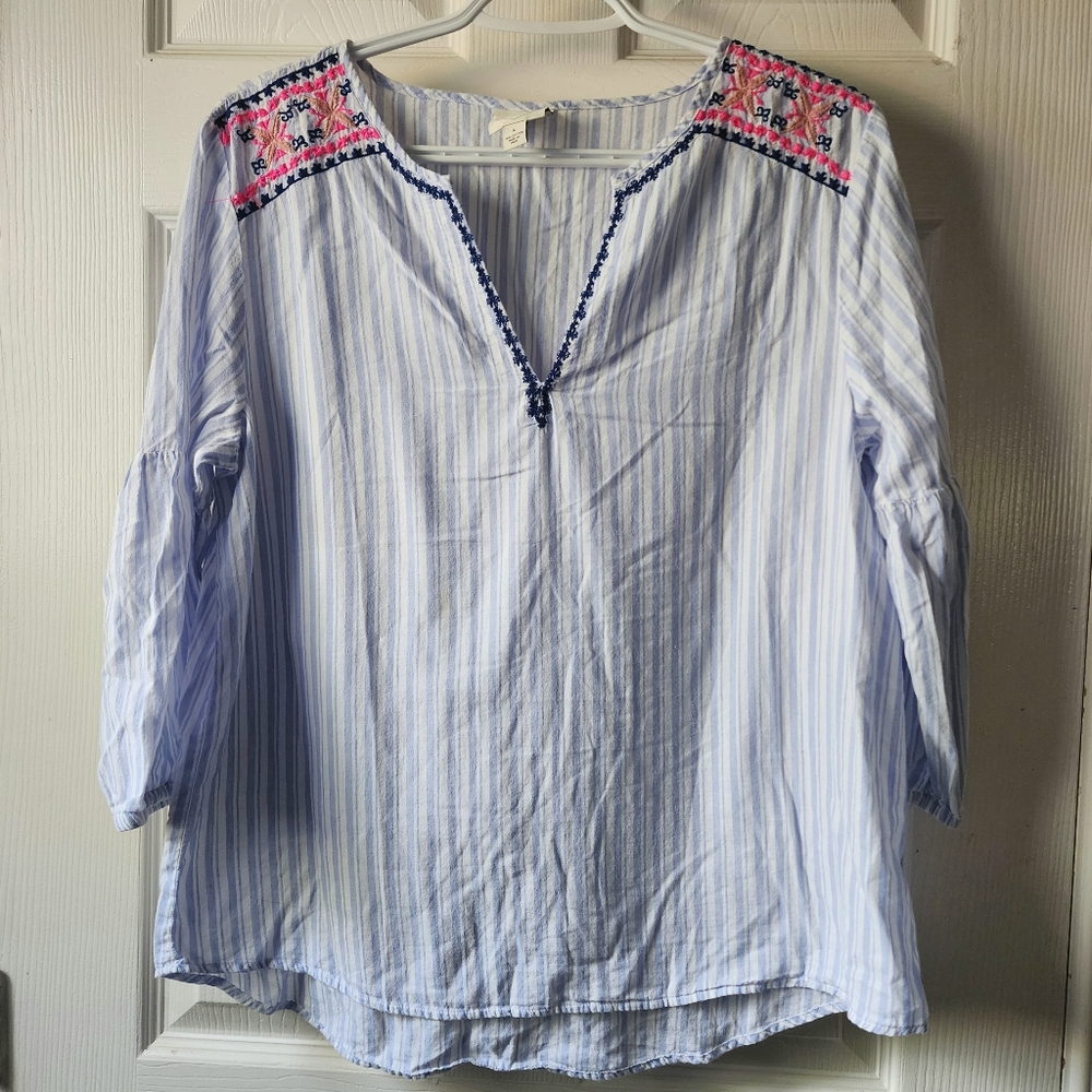 💐2/$25 St John's Bay Striped Whimsical Floral Embroidered Peasant Blouse, Small